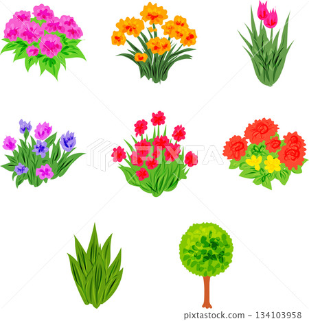 一套舒緩的插畫,描繪了各種色彩繽紛的植物。 一套舒緩的插畫,描繪了各種色彩繽紛的植物。 134103958