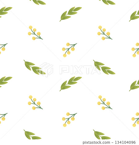 Seamless pattern with simple spring yellow flowers, twigs, leaves, green blades of grass. Handmade illustrations, watercolors, pastels. For printing design, textiles, wallpaper, and interior Seamless pattern with simple spring yellow flowers, twigs, leaves, green blades of grass. Handmade illustrations, watercolors, pastels. For printing design, textiles, wallpaper, and interior 134104096