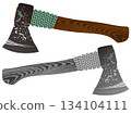 Illustration of a hand axe with wood grain and a string-wrapped handle 134104111