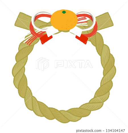 Illustration of a mandarin orange and a shimenawa with mizuhiki and paper streamers 134104147