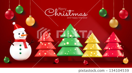Merry Christmas Scene Banner with Cute Snowman and Colorful Shiny Trees Merry Christmas Scene Banner with Cute Snowman and Colorful Shiny Trees 134104539