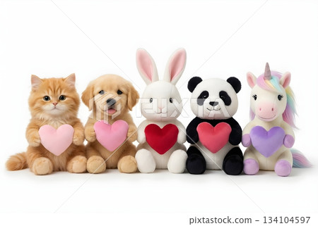 Cute plush animals in a row kitten, puppy, rabbit, panda, and unicorn each holding a colorful heart. 134104597