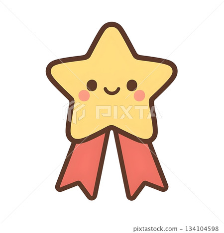 Cute kawaii star award badge with smiling face and rosy cheeks, yellow five-point shape with coral ribbon tails Cute kawaii star award badge with smiling face and rosy cheeks, yellow five-point shape with coral ribbon tails 134104598