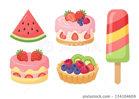 Bright set of fruity desserts: watermelon slice, strawberry layer cakes with pink glaze Bright set of fruity desserts: watermelon slice, strawberry layer cakes with pink glaze 134104609