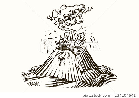 Volcano eruption or explosion sample icon design for inspiration. Hand drawn woodcut or engraved Volcano eruption or explosion sample icon design for inspiration. Hand drawn woodcut or engraved 134104641