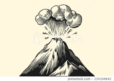 Volcano eruption or explosion sample icon design for inspiration. Hand drawn woodcut or engraved 134104642