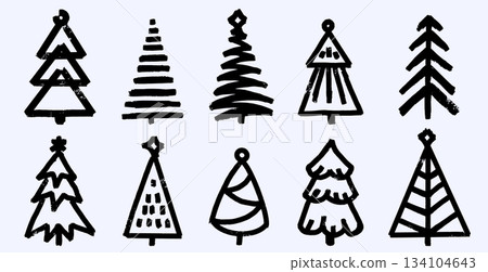 Set of Christmas tree icons in grunge style. Bald hand brushed lines for emblems or Christmas Set of Christmas tree icons in grunge style. Bald hand brushed lines for emblems or Christmas 134104643