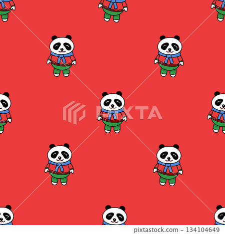 Christmas seamless pattern with a cute panda in clothes. Animal character for holidays package and 134104649