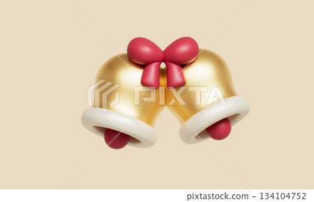 Golden Bell with Red Ribbon. 3D Rendering. Golden Bell with Red Ribbon. 3D Rendering. 134104752