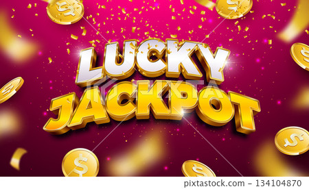 Casino Illustration with 3d Golden Lucky Jackpot Text Label and Playing Chips on Red Background. Vector Luxury Gambling Design with Falling Confetti for Flyer, Invitation, Greeting Card, Banner or 134104870