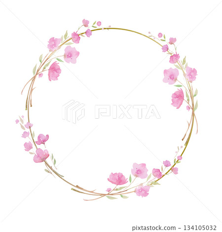 Round wreath, frame with Cherry blossom, sakura, branch with pink flowers, watercolor illustration. 134105032