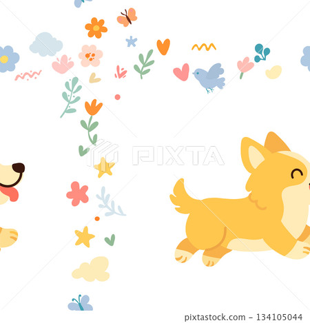 Seamless pattern with funny cartoon corgis dogs. Great for fabric, textile Seamless pattern with funny cartoon corgis dogs. Great for fabric, textile 134105044