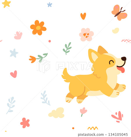 Seamless pattern with funny cartoon corgis dogs. Great for fabric, textile 134105045
