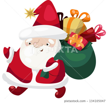 Santa Claus carrying a big sack of gifts. 134105047