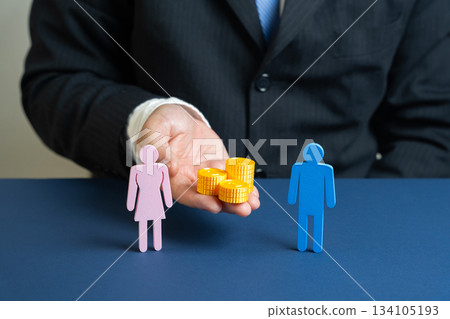 Concept of equal pay, wage equality, and gender fairness in the workplace. Financial assistance for families. Male hand holds a stack of coins between a man and a woman. Concept of equal pay, wage equality, and gender fairness in the workplace. Financial assistance for families. Male hand holds a stack of coins between a man and a woman. 134105193