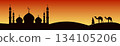 Horizontal vector Ramadan banner with silhouettes of mosque and camels against sunset background and empty space for text. 134105206