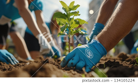 Corporate leader planting a young tree during a community initiative with colleagues in branded outfits 134105224