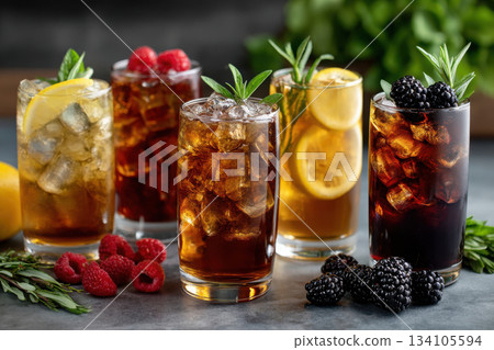 Different iced tea options garnished with fruits and herbs 134105594