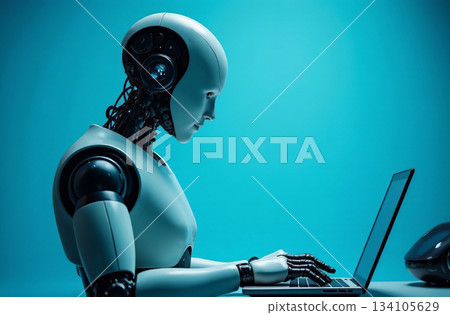 Robot cyborg humanoid working at office laptop on blue background. AI Generative Robot cyborg humanoid working at office laptop on blue background. AI Generative 134105629