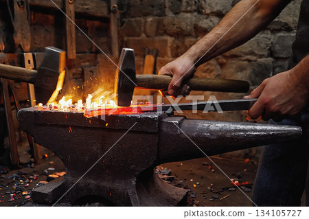Man blacksmith forging metal manufactory forge handmade steel iron AI Generative 134105727