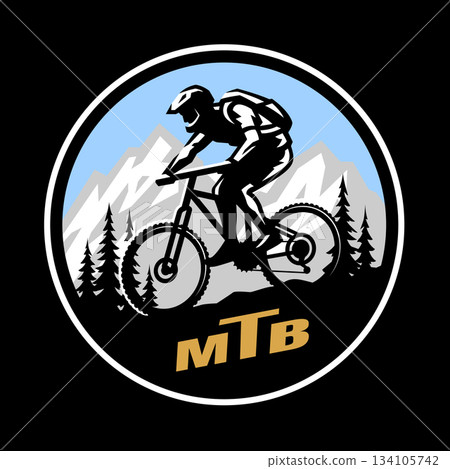 MTB. Mountain bike logo, emblem on dark background. MTB. Mountain bike logo, emblem on dark background. 134105742