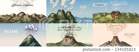 Moody volcano eruption landscape scenes. Volcanic activity and explosion, lava coming out of 134105823