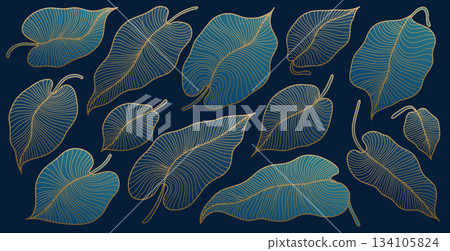 Golden leaves botanical background with modern style elements. Art deco or luxury wallpaper design 134105824