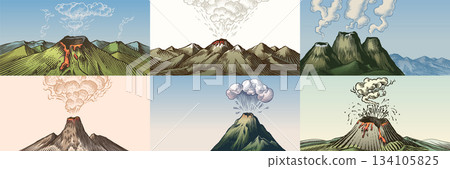 Moody volcano eruption landscape scenes. Volcanic activity and explosion, lava coming out of Moody volcano eruption landscape scenes. Volcanic activity and explosion, lava coming out of 134105825