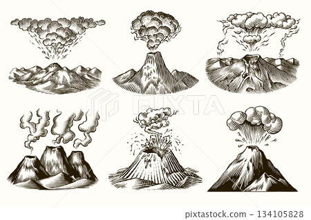 Volcano eruption or explosion sample icon design for inspiration. Hand drawn woodcut or engraved Volcano eruption or explosion sample icon design for inspiration. Hand drawn woodcut or engraved 134105828