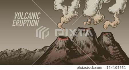 Moody volcano eruption landscape scene. Volcanic activity and explosion, lava coming out of mountain Moody volcano eruption landscape scene. Volcanic activity and explosion, lava coming out of mountain 134105851