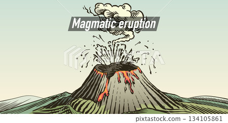 Moody volcano eruption landscape scene. Volcanic activity and explosion, lava coming out of mountain 134105861