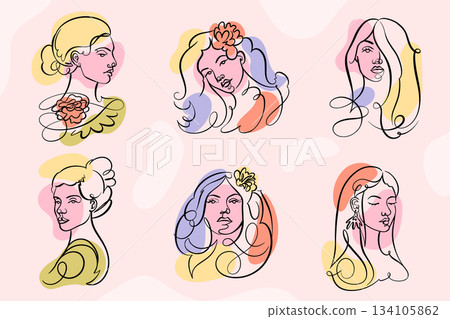 Beautiful one line woman faces. Made with only one line. Hand drawn continuous drawing for perfume Beautiful one line woman faces. Made with only one line. Hand drawn continuous drawing for perfume 134105862
