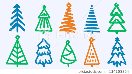Set of Christmas tree icons in grunge style. Bald hand brushed lines for emblems or Christmas Set of Christmas tree icons in grunge style. Bald hand brushed lines for emblems or Christmas 134105864