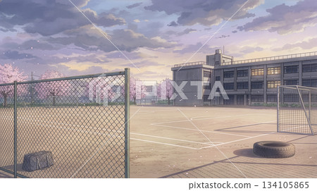 春日傍晚，放學後國中操場的景色，以及遠處的教學大樓。 134105865