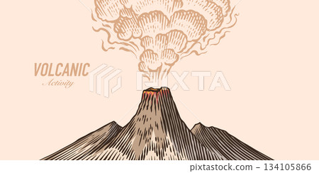Moody volcano eruption landscape scene. Volcanic activity and explosion, lava coming out of mountain 134105866