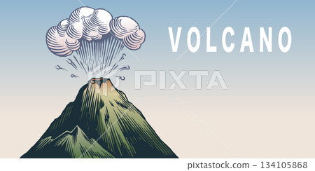 Moody volcano eruption landscape scene. Volcanic activity and explosion, lava coming out of mountain 134105868