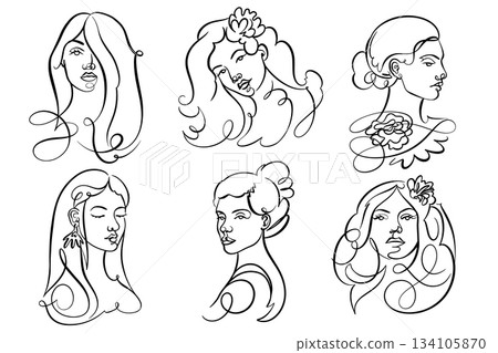 Beautiful one line woman faces. Made with only one line. Hand drawn continuous drawing for perfume 134105870