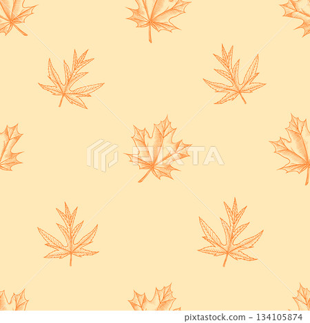 Autumn leaves pattern. Fall season different tree foliage yellow and red hand drawn, engraved 134105874
