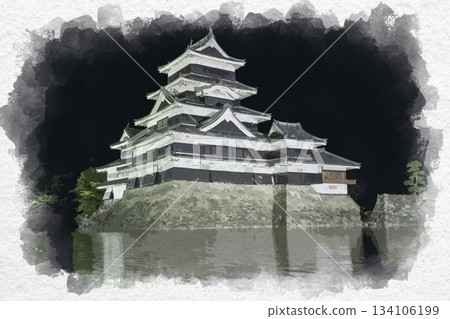 水彩風格的松本城塔樓,位於長野縣松本市 水彩風格的松本城塔樓,位於長野縣松本市 134106199