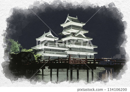 Watercolor style Matsumoto Castle tower, Matsumoto City, Nagano Prefecture 134106200