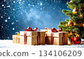 Sparkling Christmas gifts lined up in a snowy landscape 3 134106209