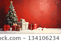 A scene of a tree and gifts against a red background 134106234