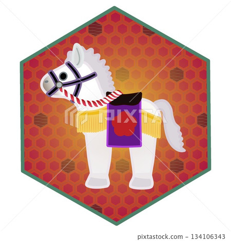 一幅以六角形背景為襯託的中國十二生肖馬玩偶插圖 134106343
