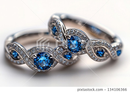 Luxurious pair of wedding rings with blue stones on a white background. Rococo-Renaissance style. Luxurious pair of wedding rings with blue stones on a white background. Rococo-Renaissance style. 134106366