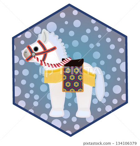 一幅以六角形背景為襯託的中國十二生肖馬玩偶插圖 134106379
