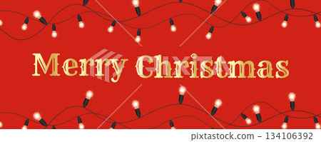 Christmas greeting banner with glowing string lights on red background and golden Merry Christmas text holiday illustration 134106392