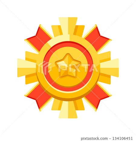 Gold medal with ribbons and star. Game award for the winners. Illustration of prize for sports competitions. 134106451