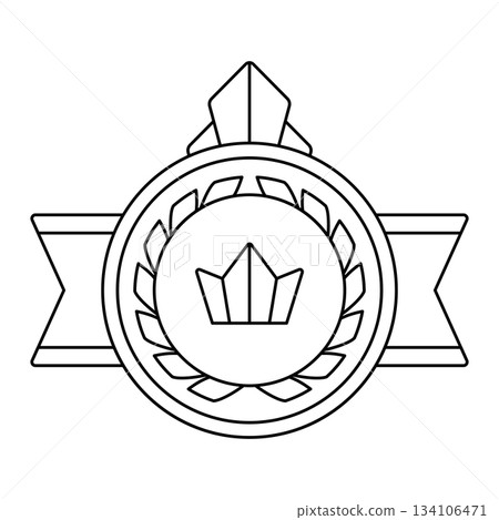 Gold medal with ribbon and laurel leaves . Game award for the winners. Illustration of prize for sports competitions. 134106471