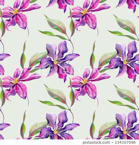 Clematis flowers and buds, leaves multicolored, graceful. Seamless pattern on green pastel background. Hand-drawn watercolor with texture 134107096