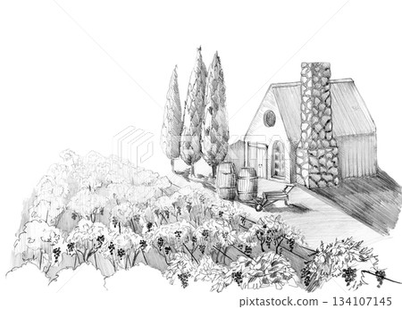 Landscape of a foreigner and a house in the mountains. Hand drawn with a pencil without a background Landscape of a foreigner and a house in the mountains. Hand drawn with a pencil without a background 134107145